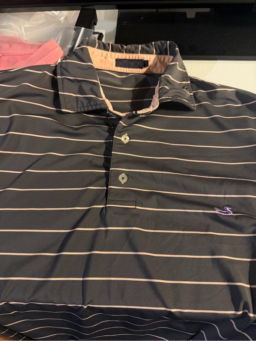 16547. Men's Dark Brown Striped Southern March Shirt with Pale Pink Accents.